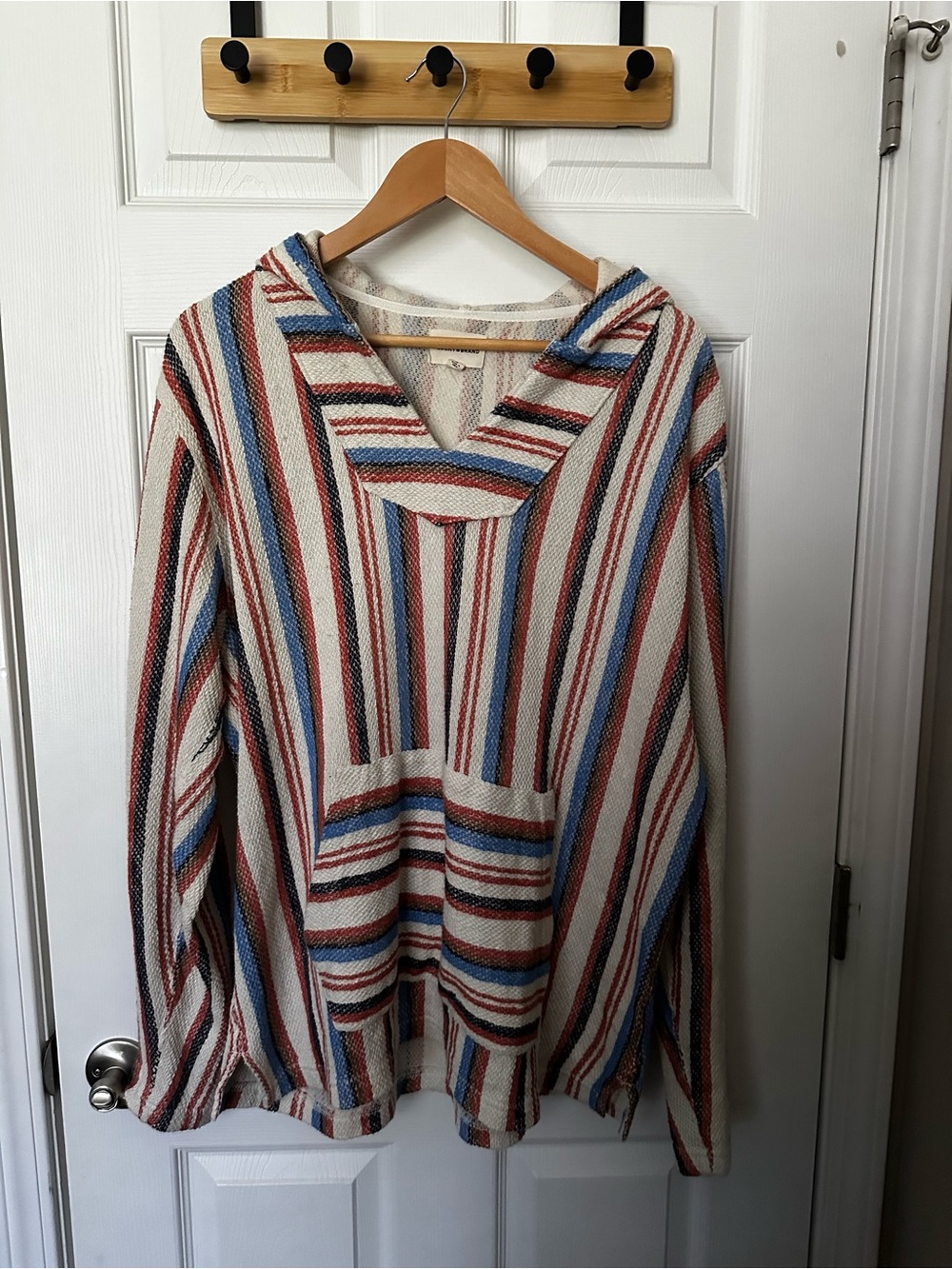 Lucky Brand Cream Striped Hooded Baja Pullover with Blue & Red Accents